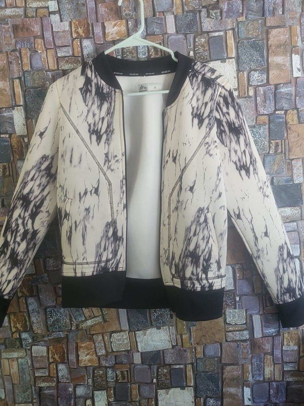 Stylish Marble-Print Bomber Jacket - Black & White